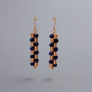 Handmade Copper Coil Bead Earrings – Artisan Dangle Jewelry with Blue Beads